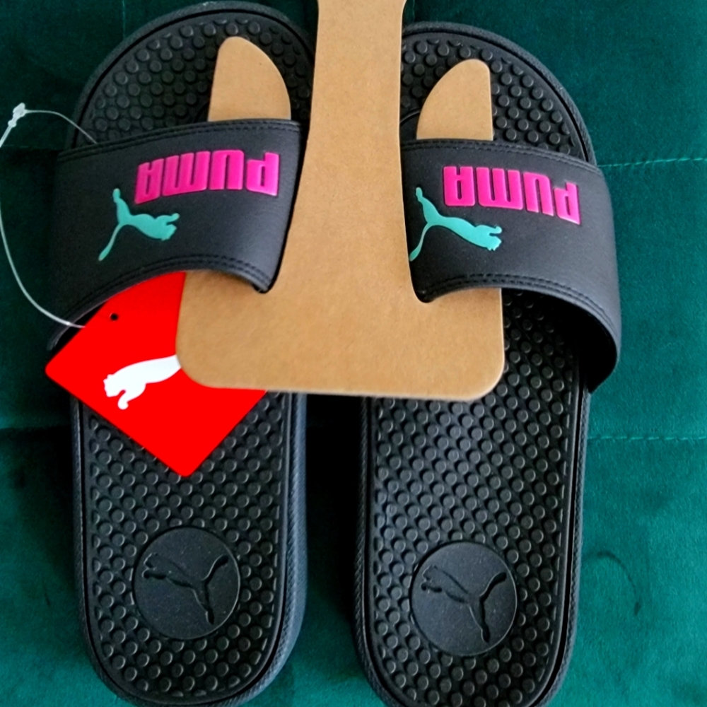 Puma Slides Slipper Sandals Womens 8 Pink Logo Cool Teal Cat